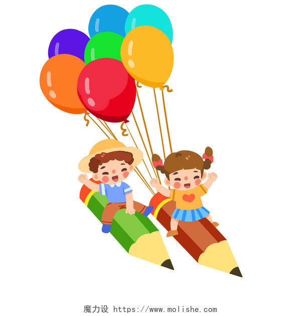 卡通欢乐儿童骑铅笔素材